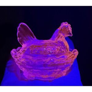 Glows!  Mini Rosso Light Green UV Uranium Miniature Hen On Nest Chicken